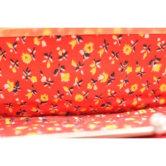 Red Clutch Wallet Kiss Lock Coin Purse Folding Floral Lining Faux Leather Vtg - Picture 6 of 9